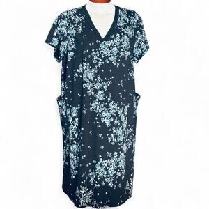 J. Jill Short Sleeve Shift Dress Plus 3X Blue Aqua Floral V Neck Pockets Cotton